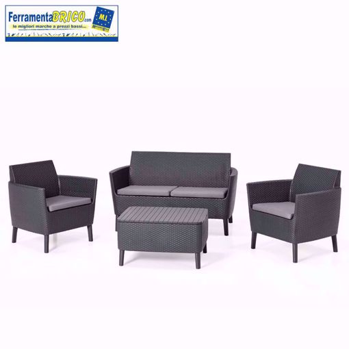 Immagine di Keter Salemo Lounge Set, Set Mobili da Giardino in Rattan con Divano 2 Posti 2 Poltrone e Tavolino Porta Cuscini, Grafite